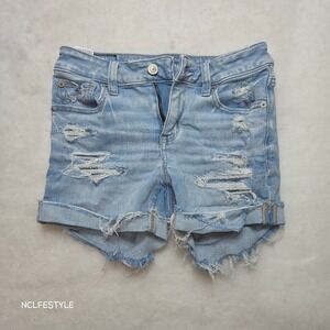 American Eagle Next Level Stretch Distressed Denim Shorts Light Wash Womens 00